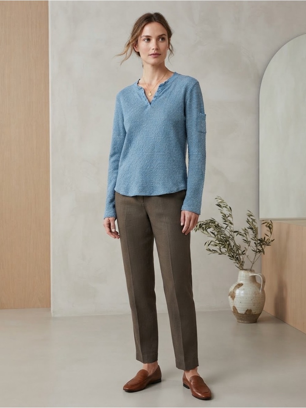 Woolrich Textured Blue Henley Long Sleeve Top 100% Cotton Cozy Cottagecore